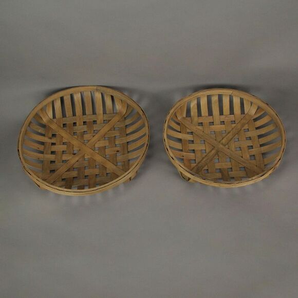Round Natural Woven Wood Tobacco Basket Tray Decorative Serving Display Set of 2 - Picture 2 of 3
